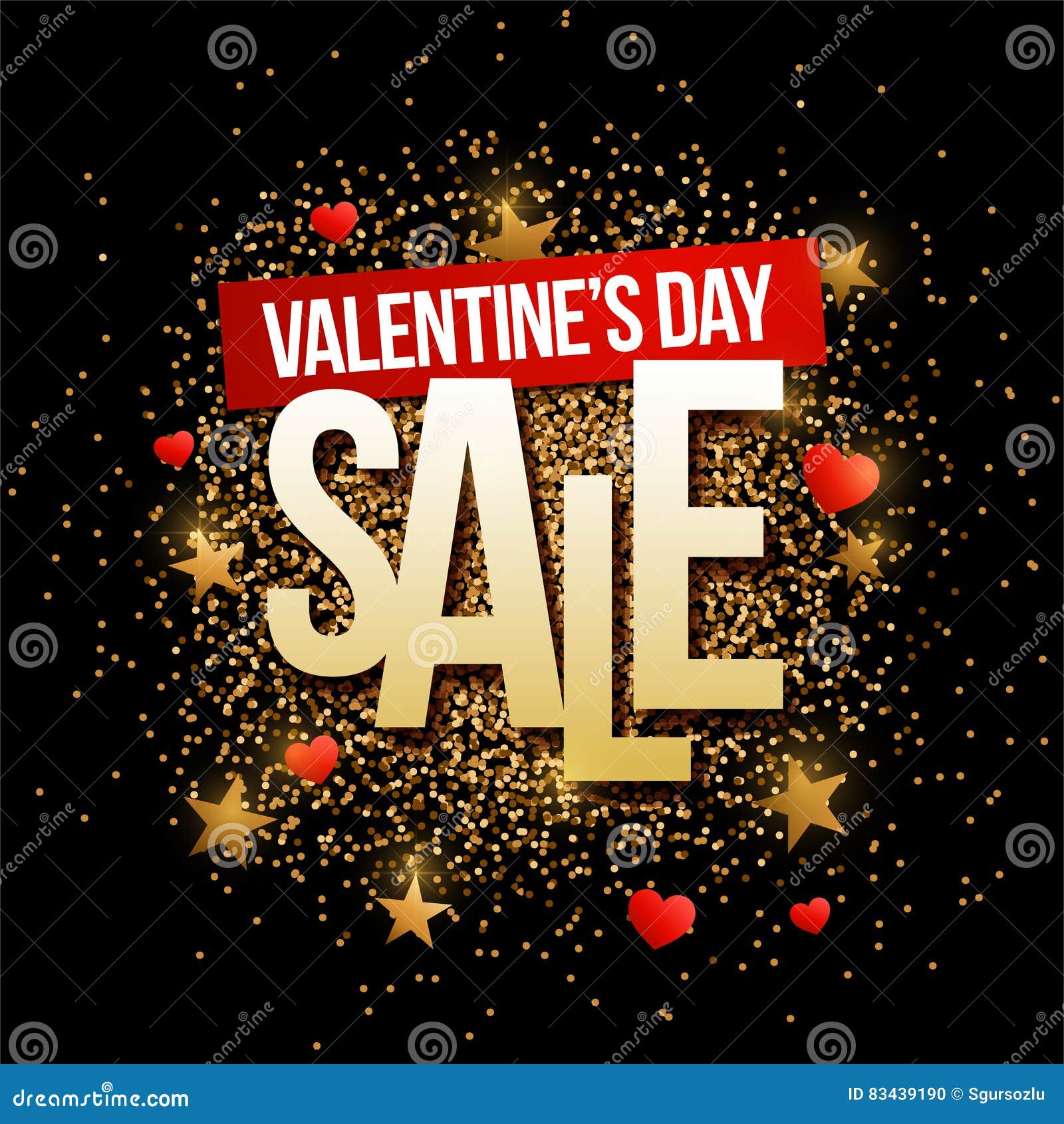 valentines day sale banner with gold glitter.